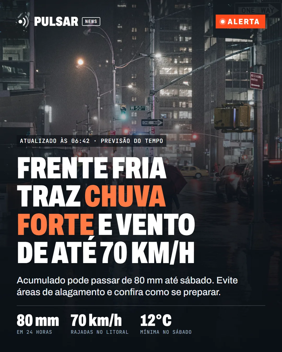 Card de alerta: frente fria traz chuva forte e vento de até 70 km/h