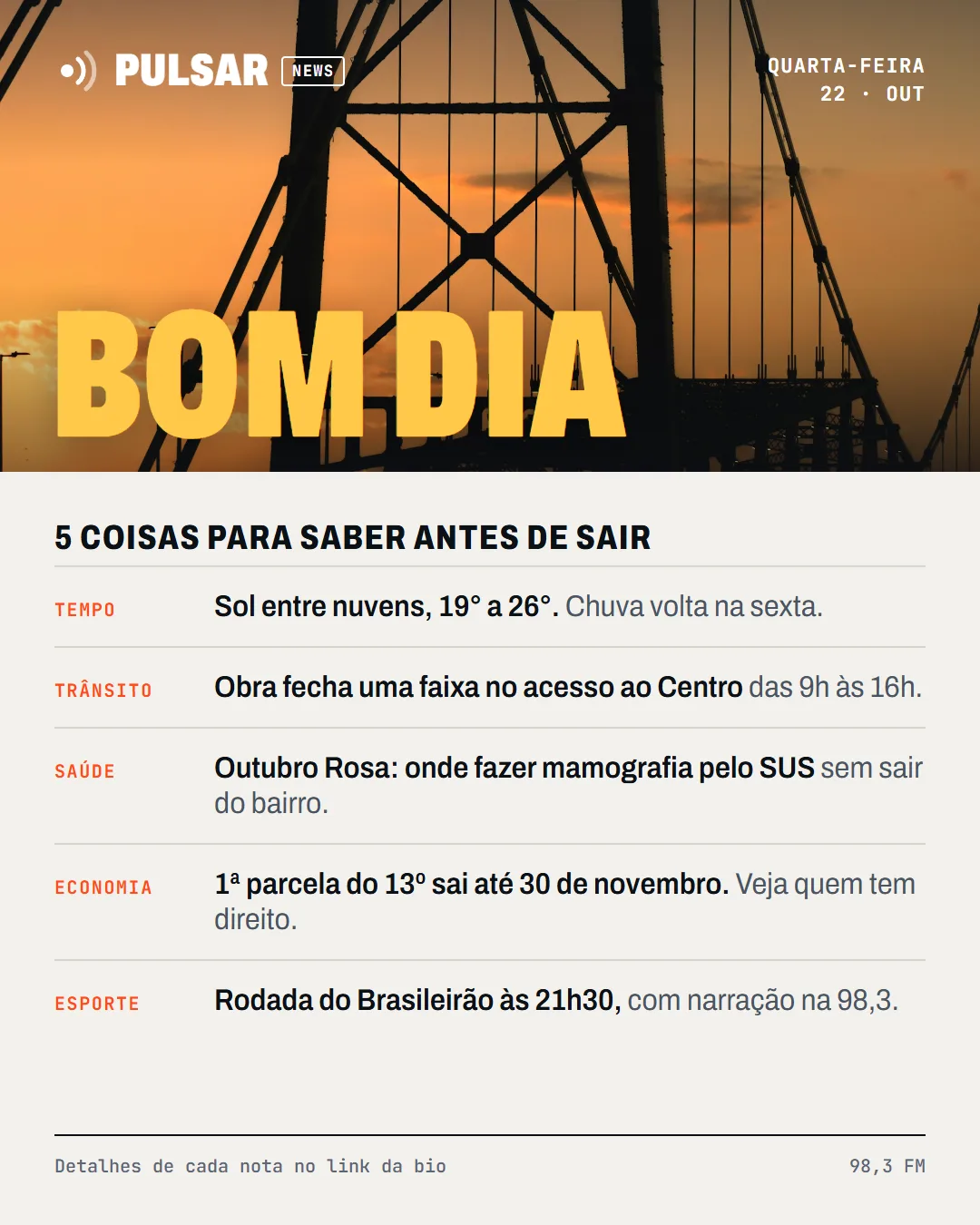 Card 'Bom dia' com as cinco notícias do dia