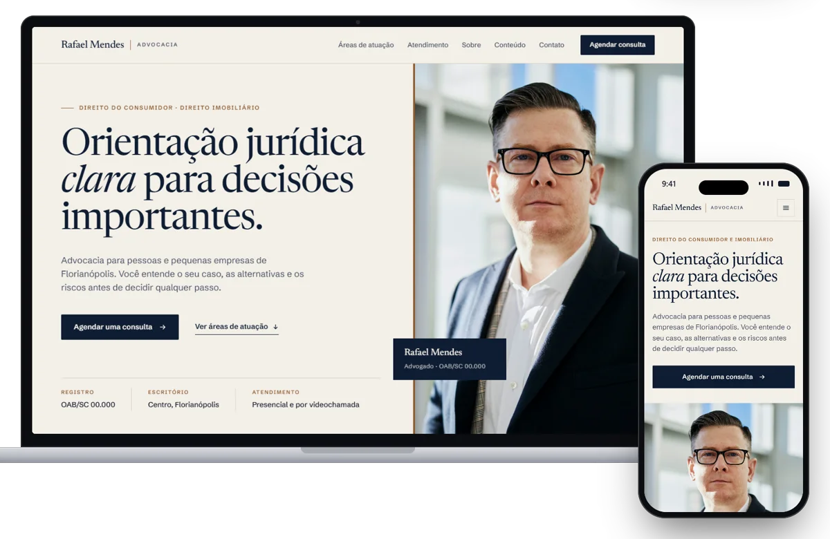 Site do advogado fictício Rafael Mendes no notebook e no celular