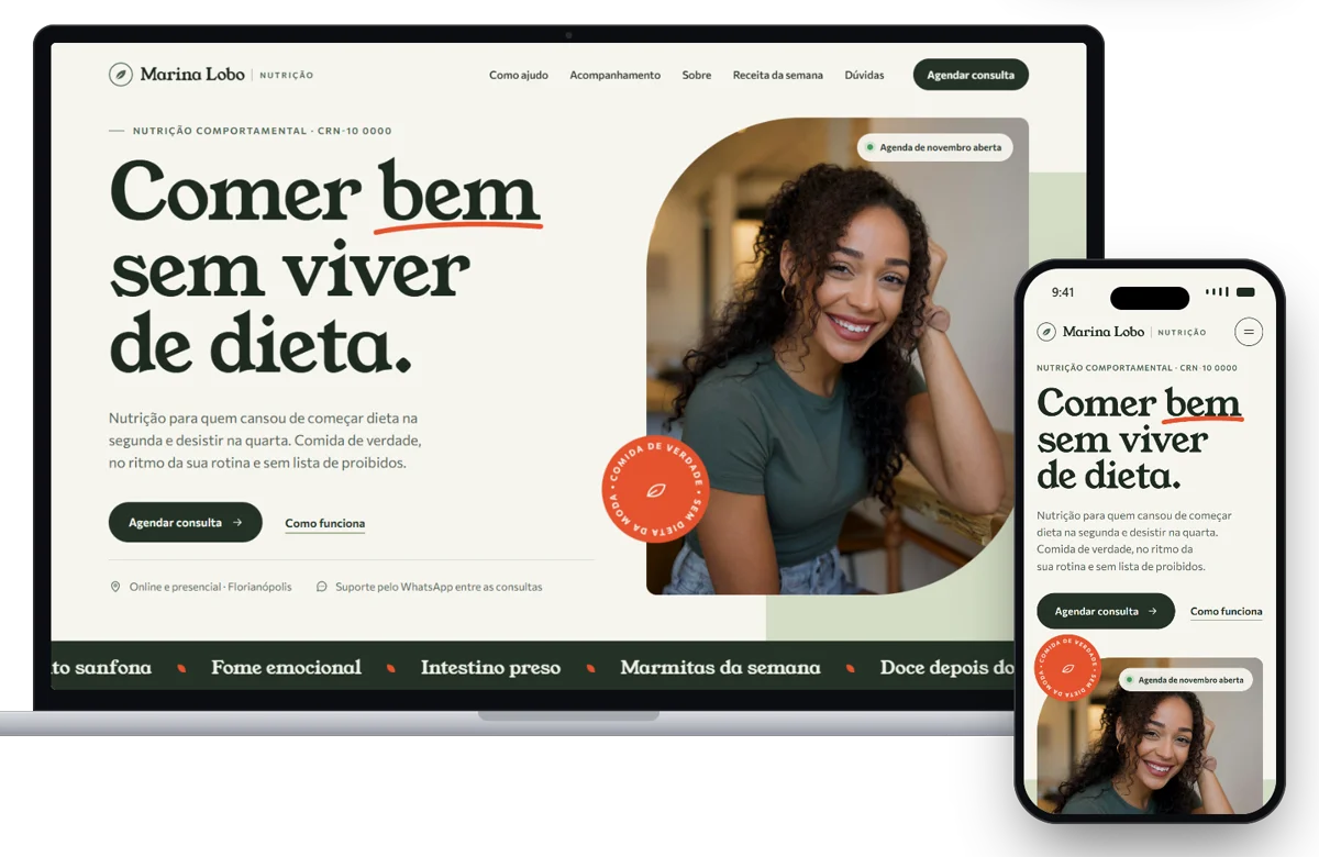 Site da nutricionista fictícia Marina Lobo no notebook e no celular