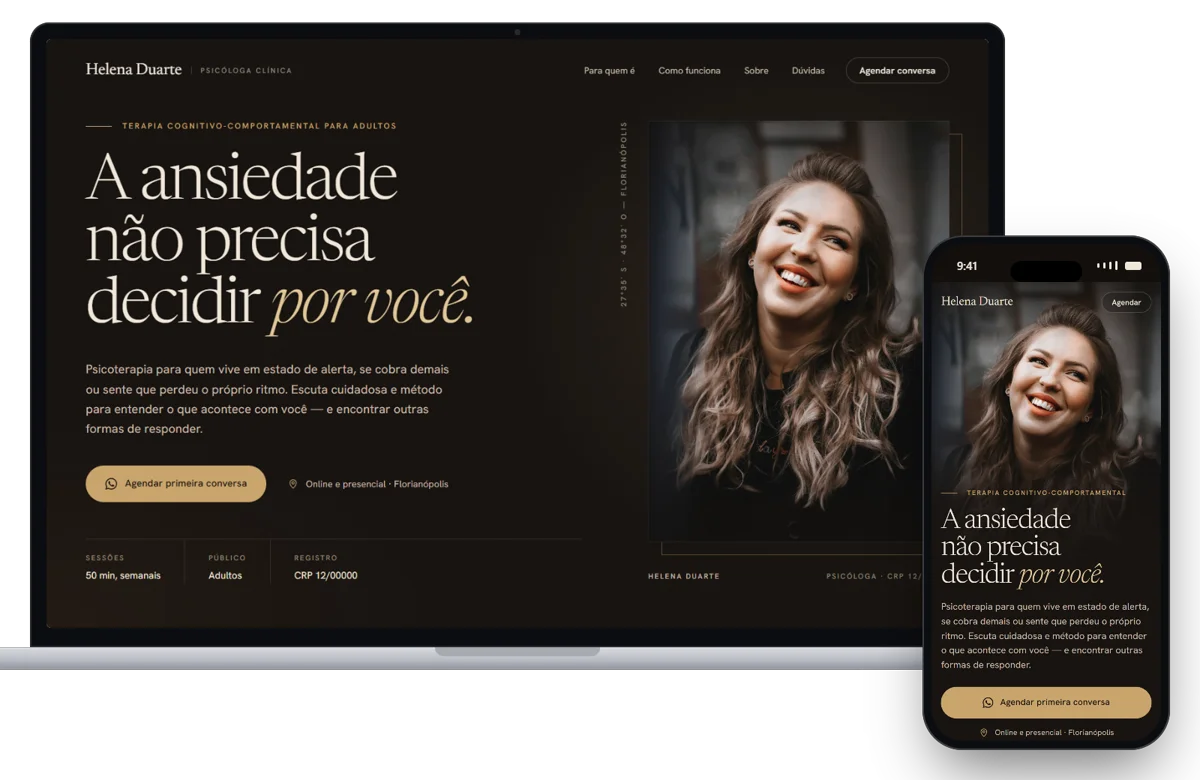 Site da psicóloga fictícia Helena Duarte no notebook e no celular